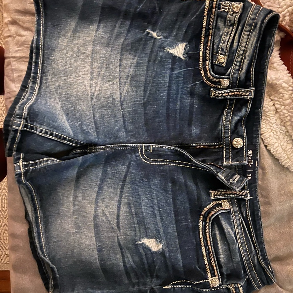 Blue Denim Shorts with Distressed Details